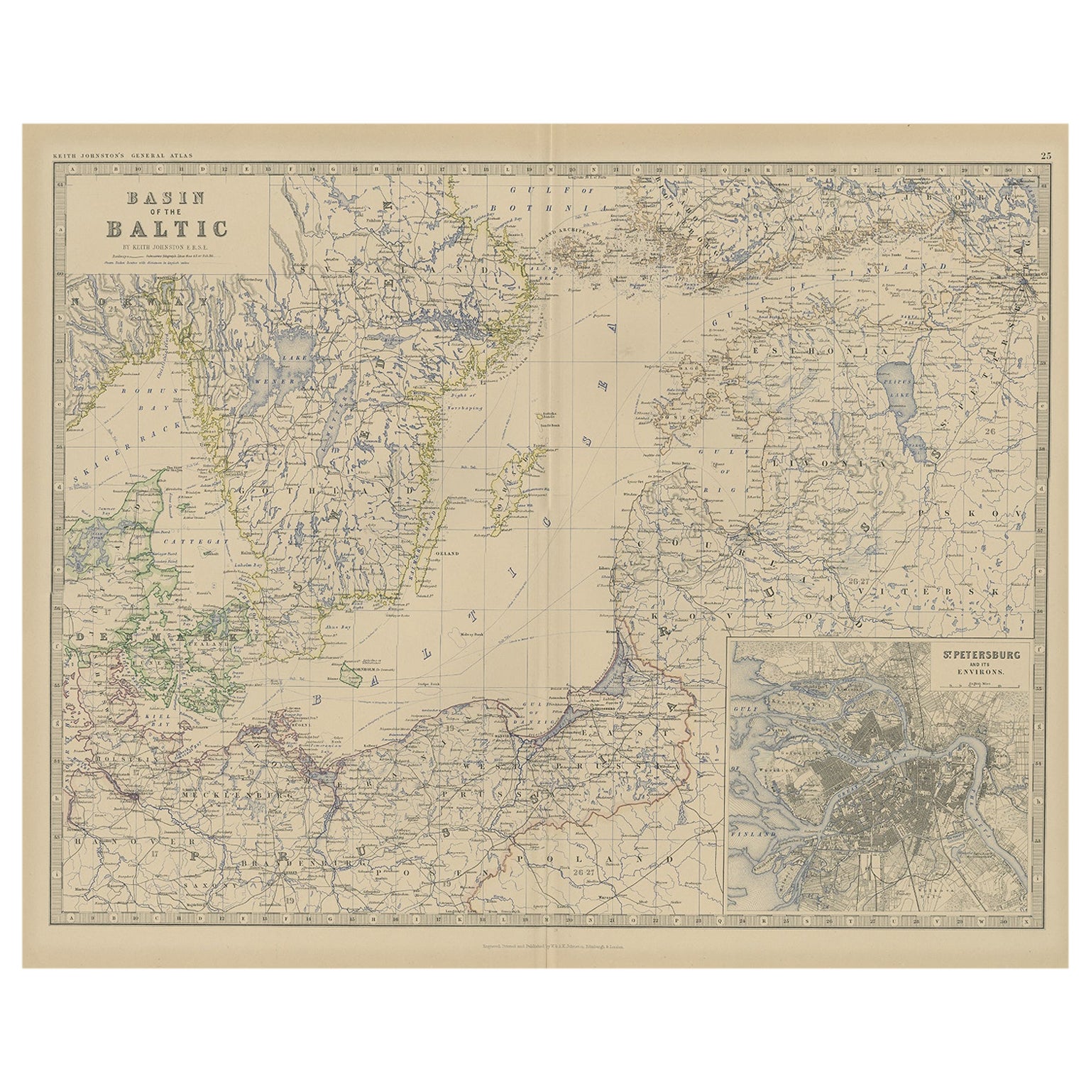 Old Map of the the Baltic Sea Region, Inset of St. Petersburg, 1882 For Sale