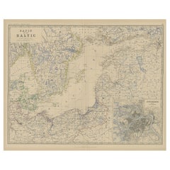 Antique Old Map of the the Baltic Sea Region, Inset of St. Petersburg, 1882