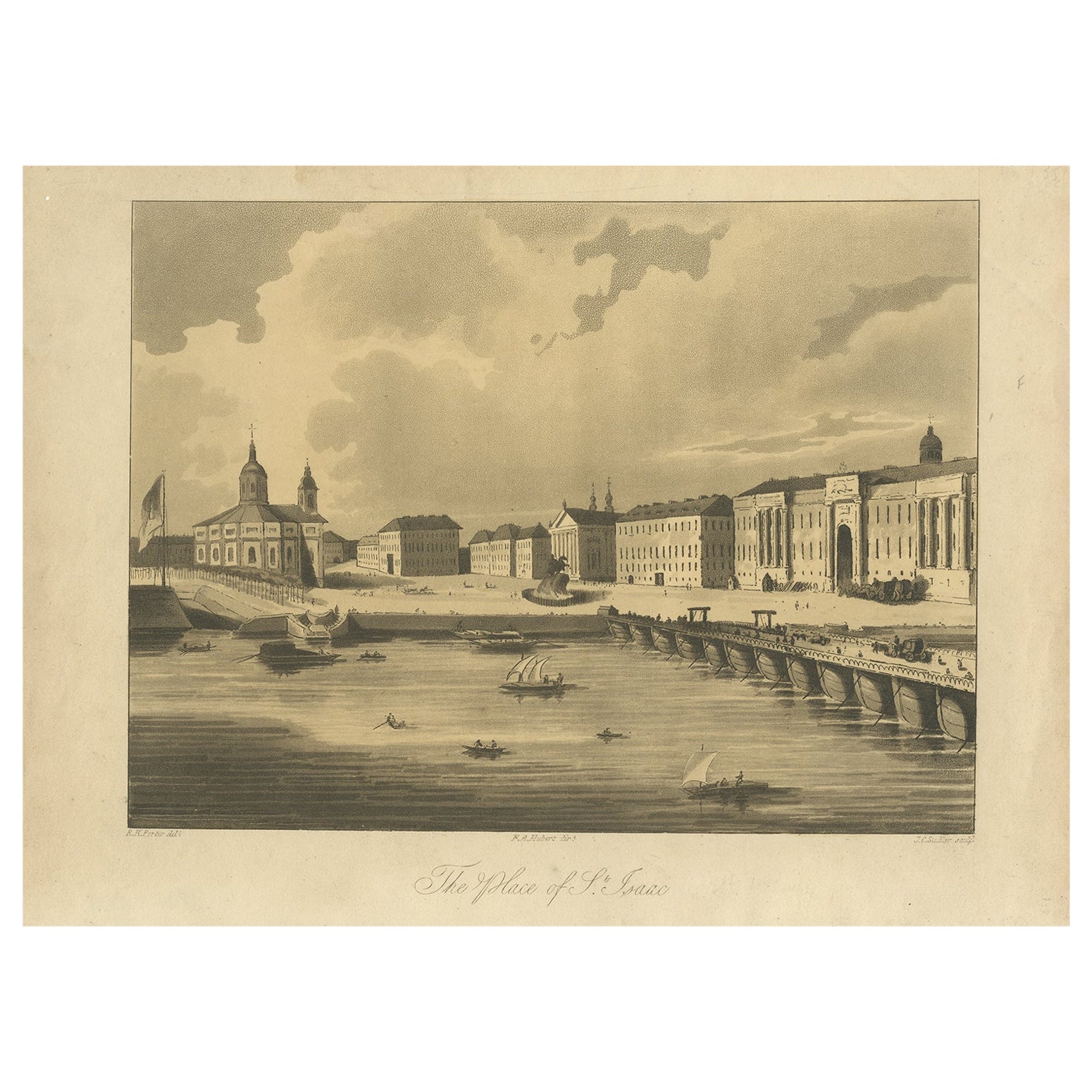 Grabado antiguo de la Plaza de San Isaac, en San Petersburgo, Rusia, ca.1810