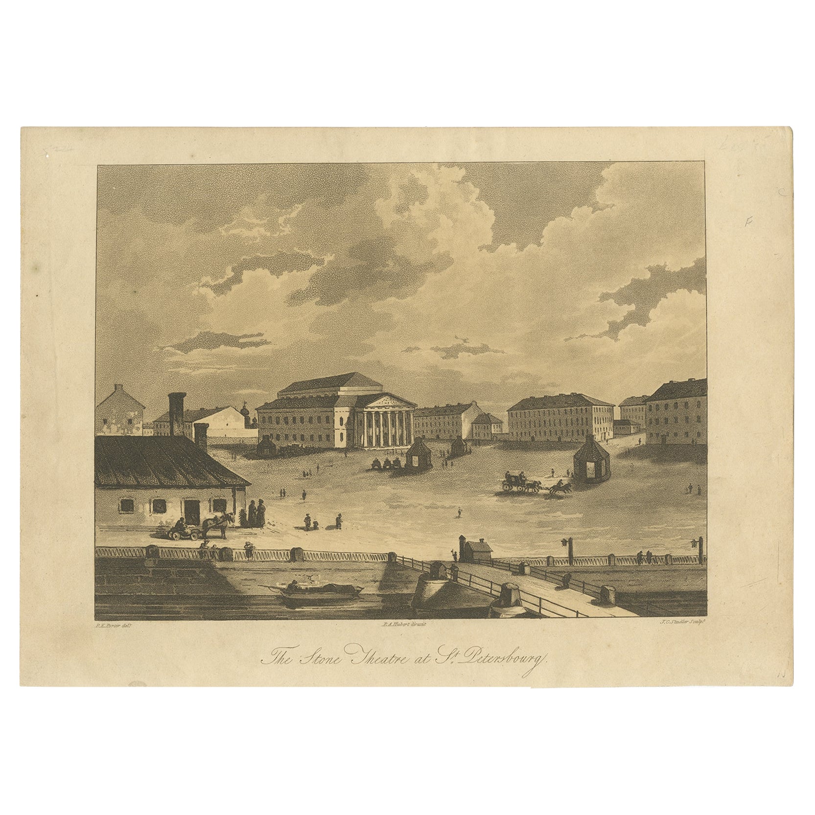 Antique Print of the Bolshoi Theatre in Saint Petersburg, Russia, ca.1810 For Sale