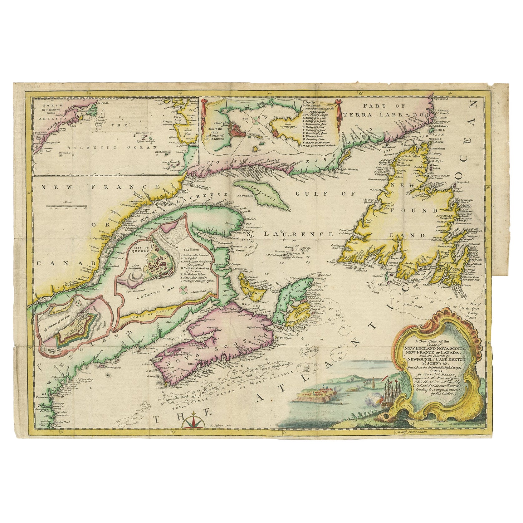 Carte ancienne consacrée aux marchands britanniques négociant en Amérique du Nord, vers 1746 en vente