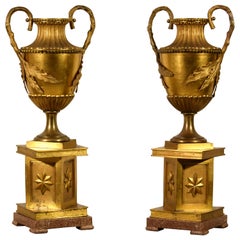 Antique 18th Century Pair of Large Italian Neoclassical Gilt Bronze Vases