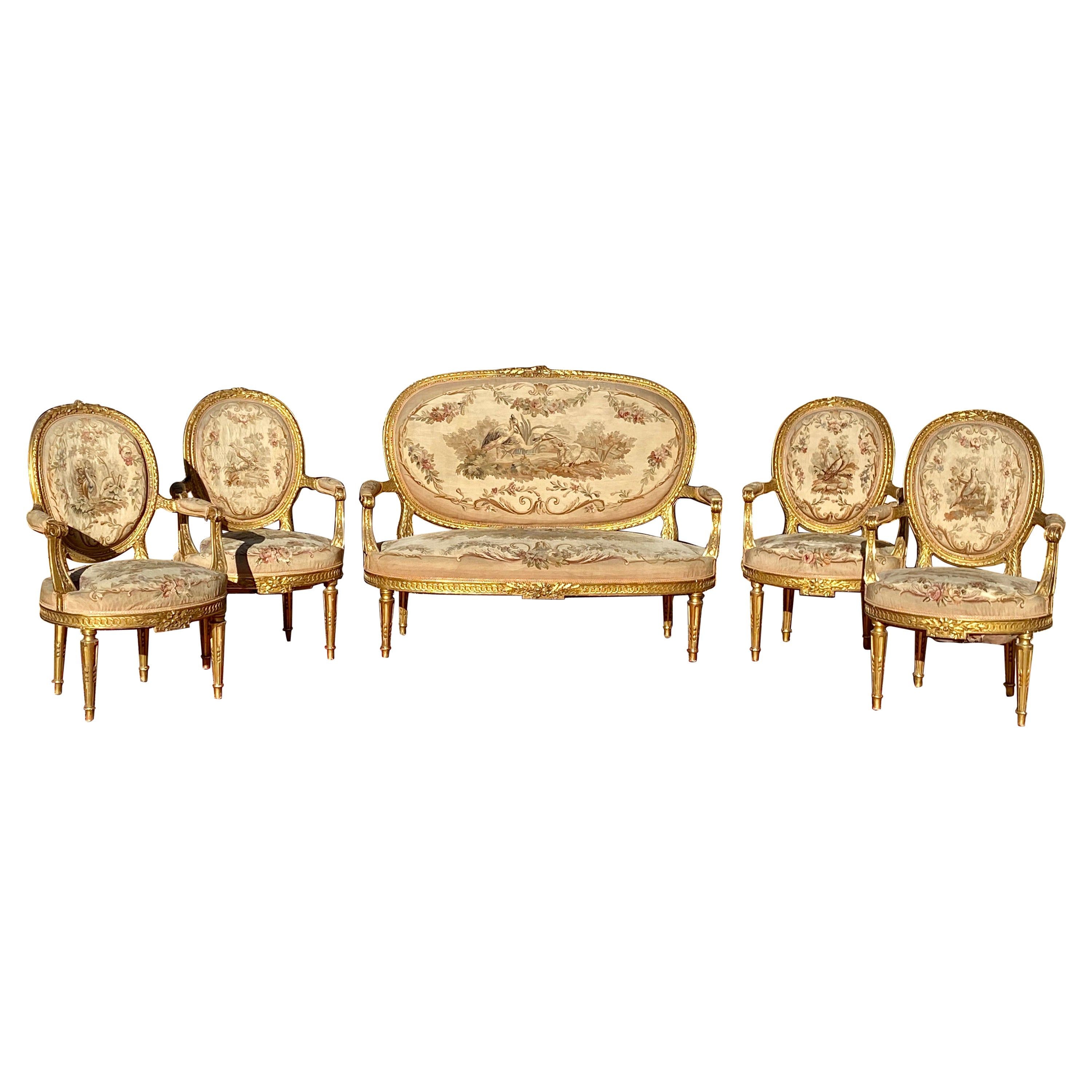 Aubusson, Louis XVI / Napoleon III Style Golden Wood Lounge, 19th Century