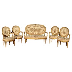 Antique Aubusson, Louis XVI / Napoleon III Style Golden Wood Lounge, 19th Century