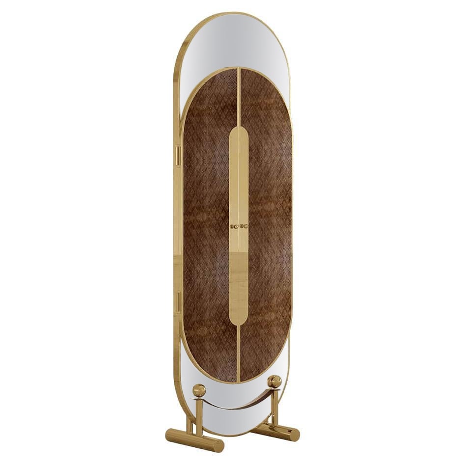 Art Deco Style Standing Floor Mirror With Leather Folding Panel & Brushed Brass For Sale 6