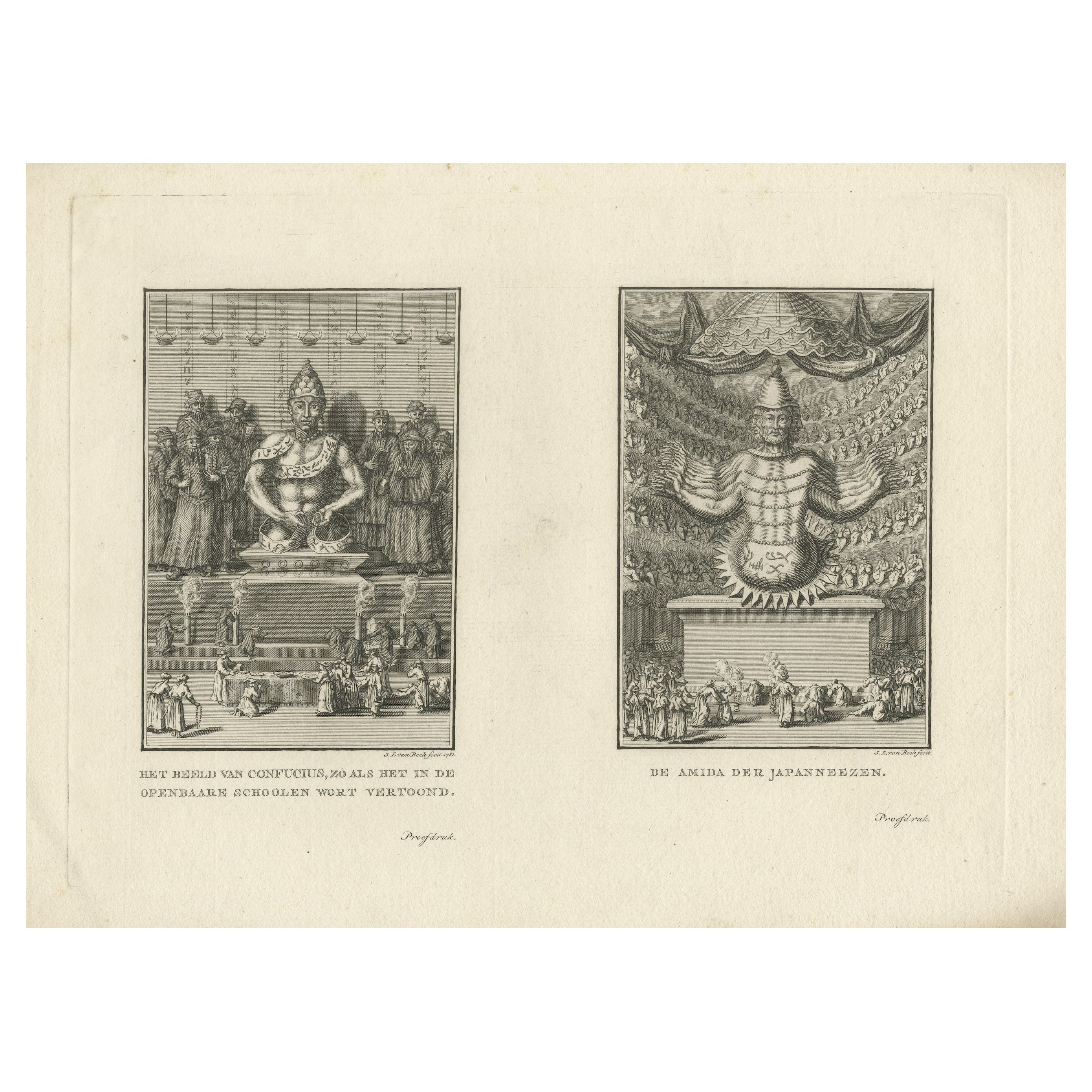 Religiöse antike Gravuren von Konfuzius und Buddha Amida in Japan, ca. 1782