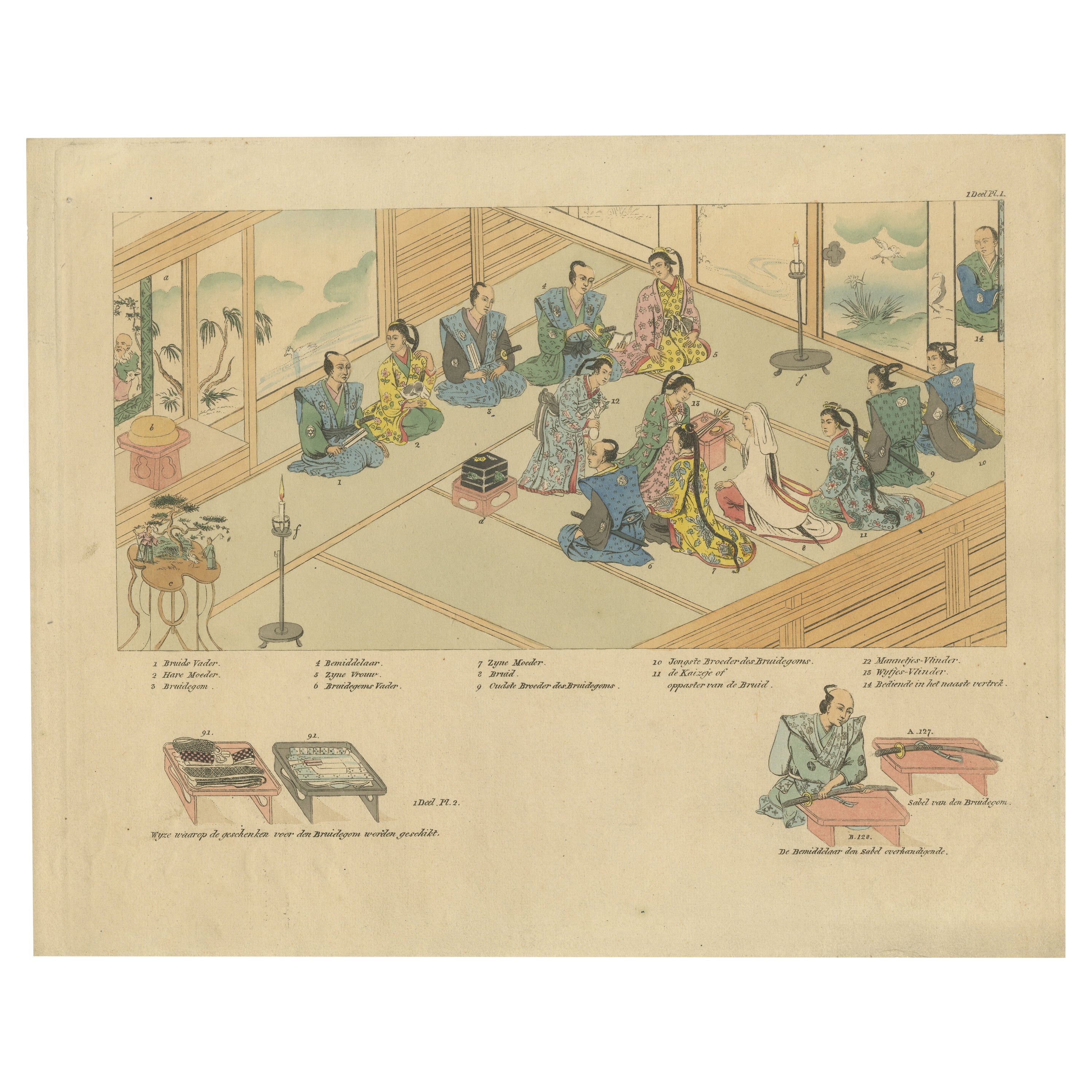 Antique Print of a Wedding Ceremony in Japan, ca.1824