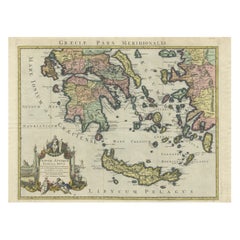Antique Map of Greece and Crete, Rhodus and A Part of Asia Minor , ca. 1730