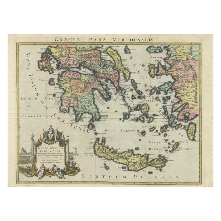 Antique Map of Greece and Crete, Rhodus and A Part of Asia Minor , ca. 1730 For Sale
