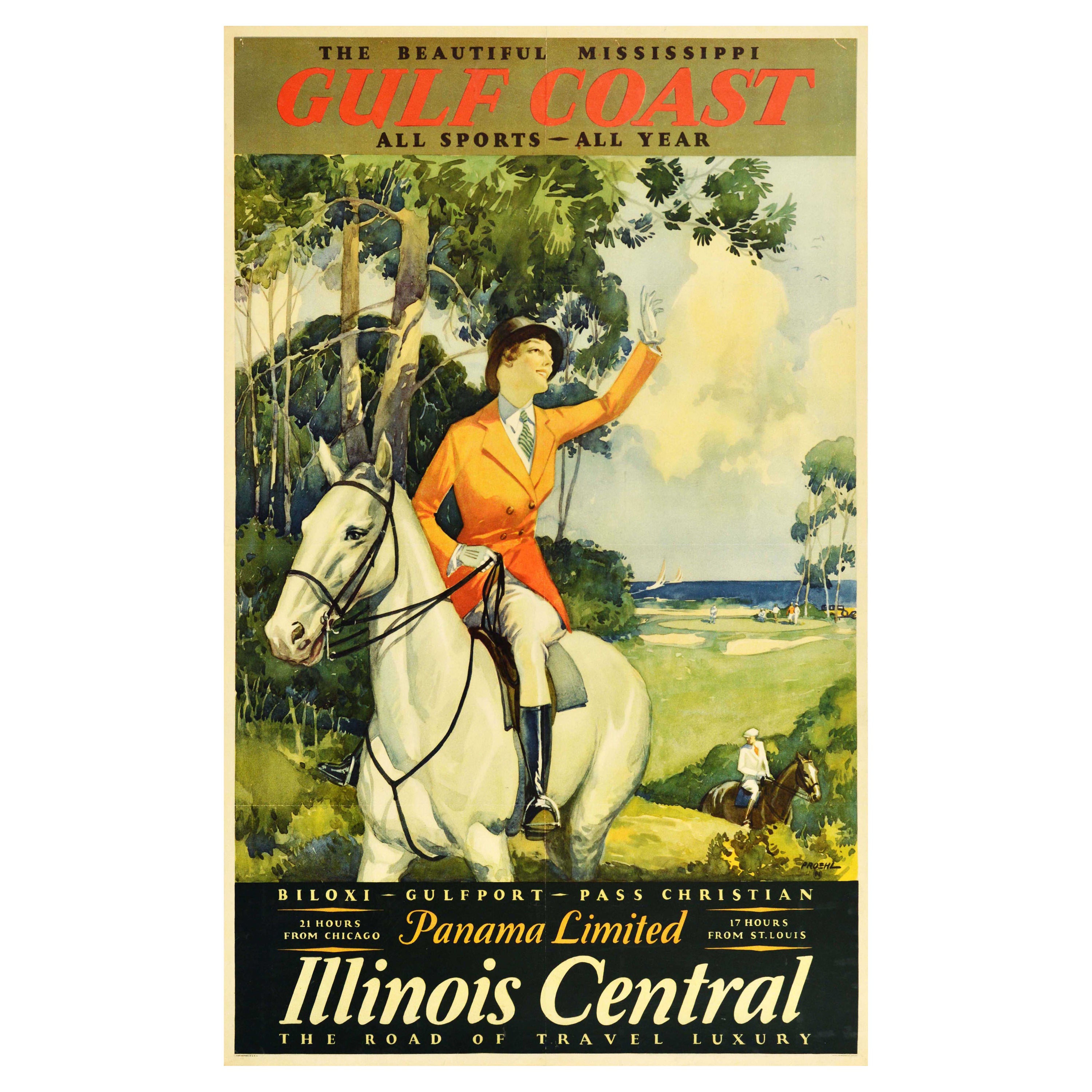 Affiche vintage originale du Mississippi, côte du golfe du Mississippi, Panama, Illinois, Chemin de fer central