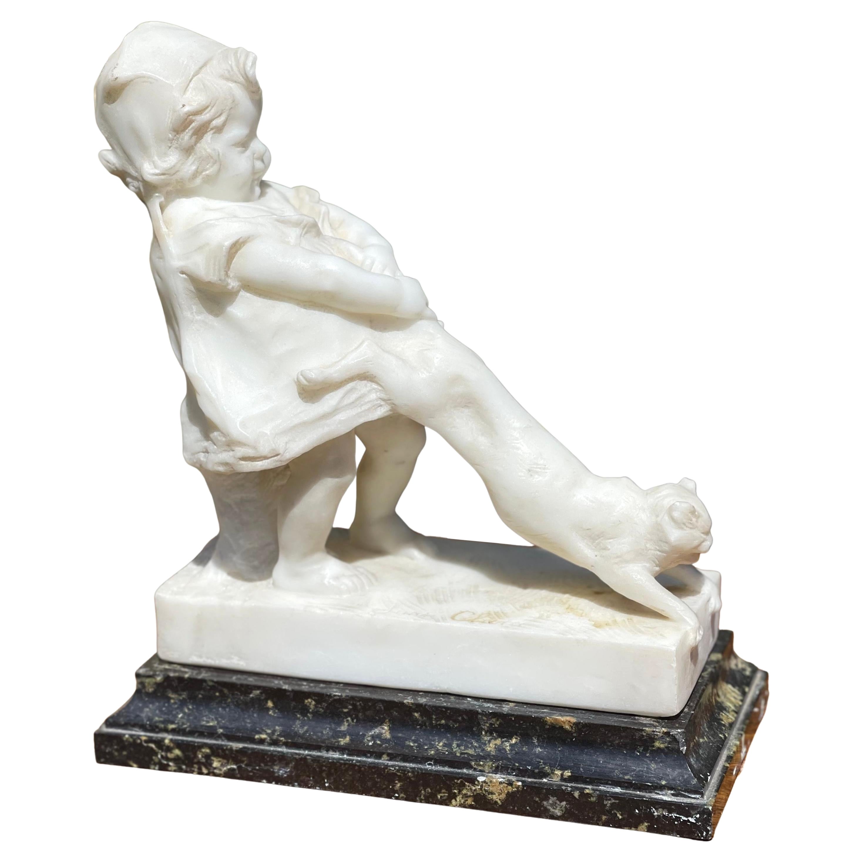 Juan Clara, Young Girl and the Cat, Carrara Marble, 19th Century For Sale