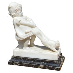 Antique Juan Clara, Young Girl and the Cat, Carrara Marble, 19th Century