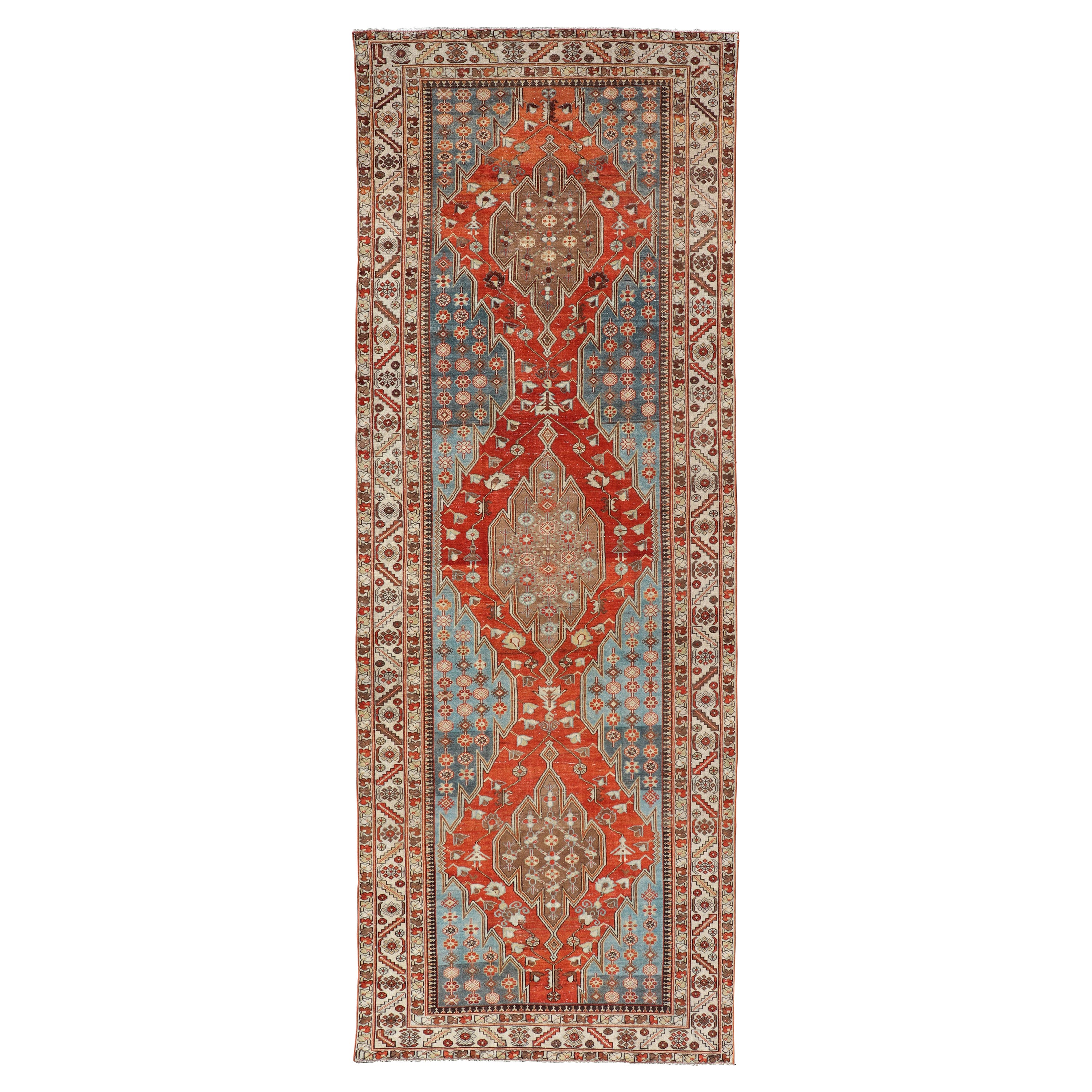 Antique Hamadan Gallery Rug with Geometric Medallions in Red, Blue and Brown