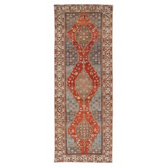 Antique Hamadan Gallery Rug with Geometric Medallions in Red, Blue and Brown