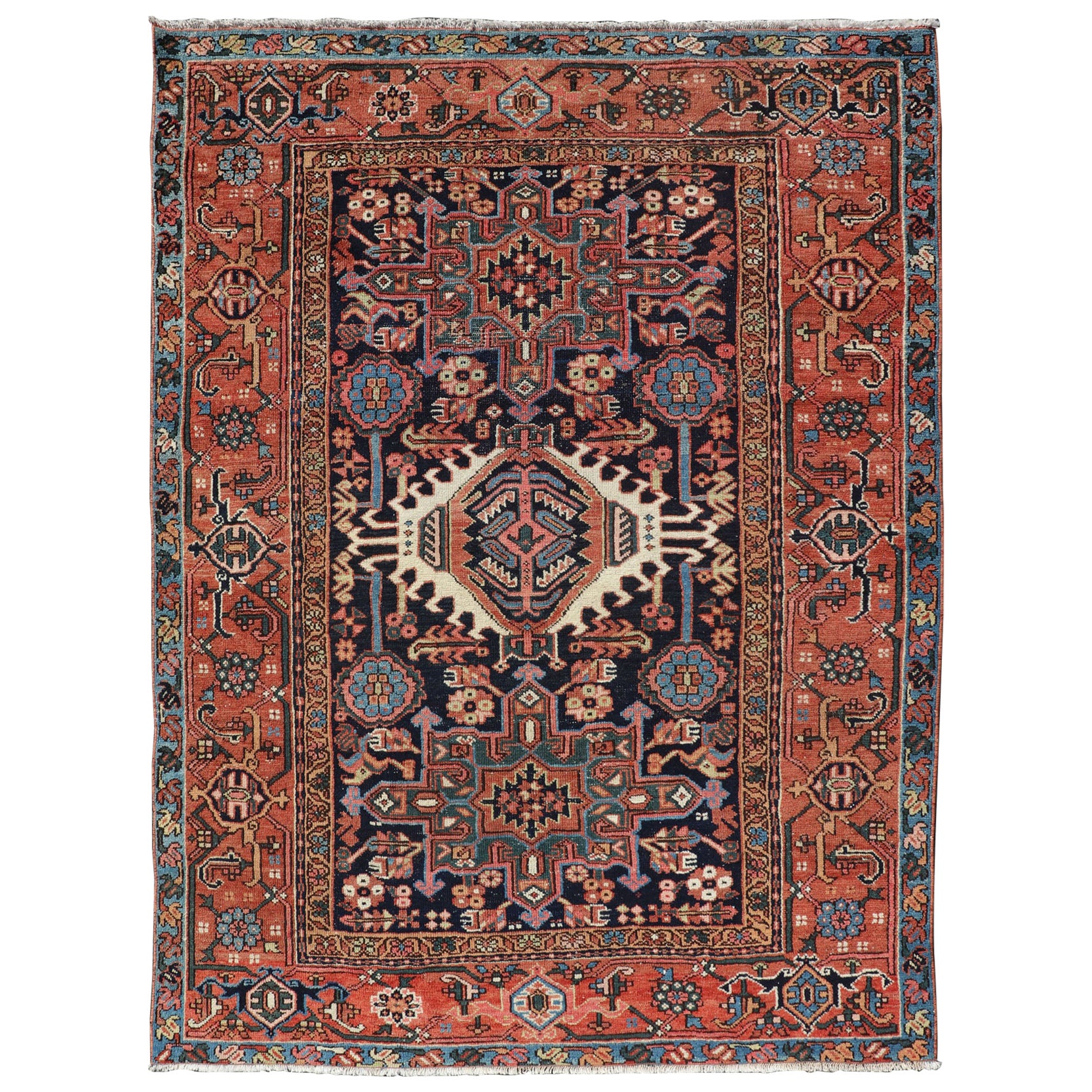 Antique Persian Heriz with Medallion Design in Ivory, Dark Blue & Jewel Tones For Sale