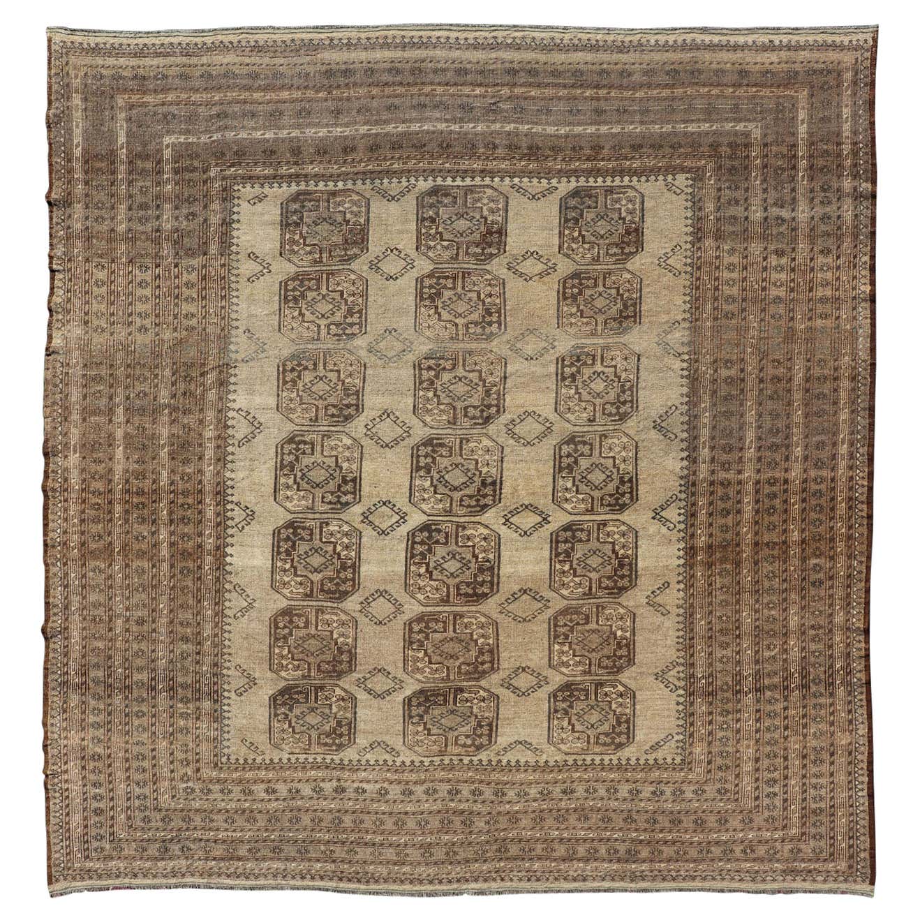 Square Sized Hand-Knotted Turkomen Ersari Rug in Wool with Repeating ...