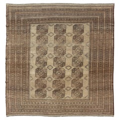 Antique Square Sized Hand-Knotted Turkomen Ersari Rug in Wool with Repeating Gul Design