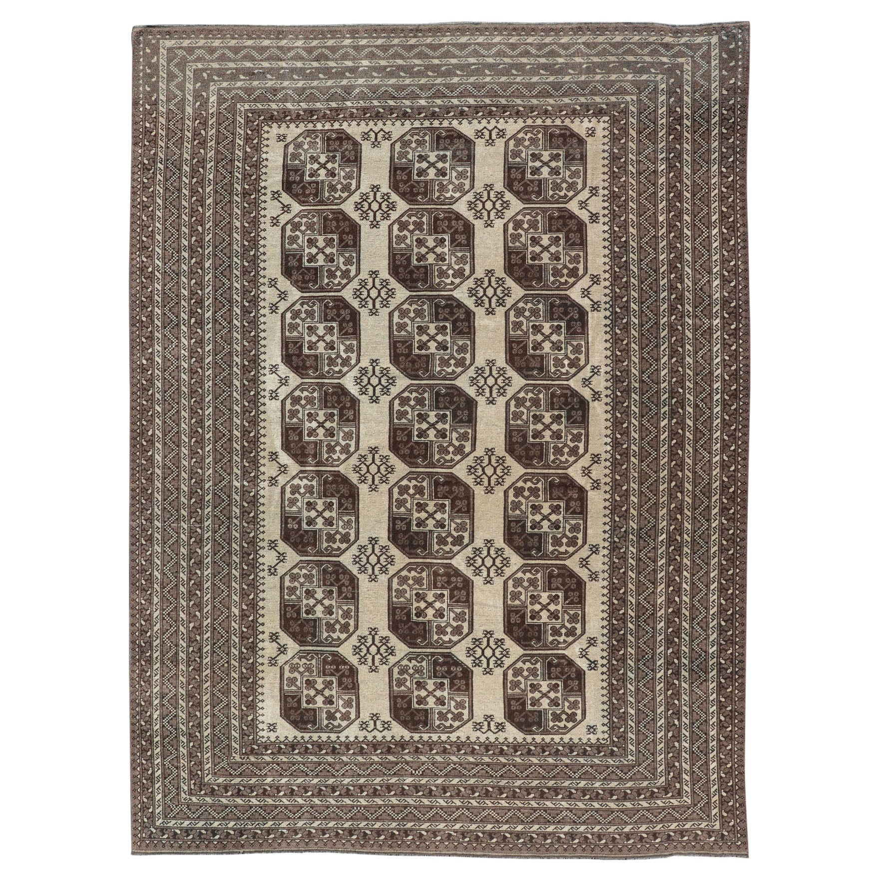 Vintage Turkomen Ersari Rug in Wool with All-Over Repeating Gul Design