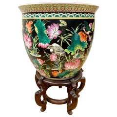 Chinese Floral Porcelain Fishbowl Planter Jardiniere on Carved Stand