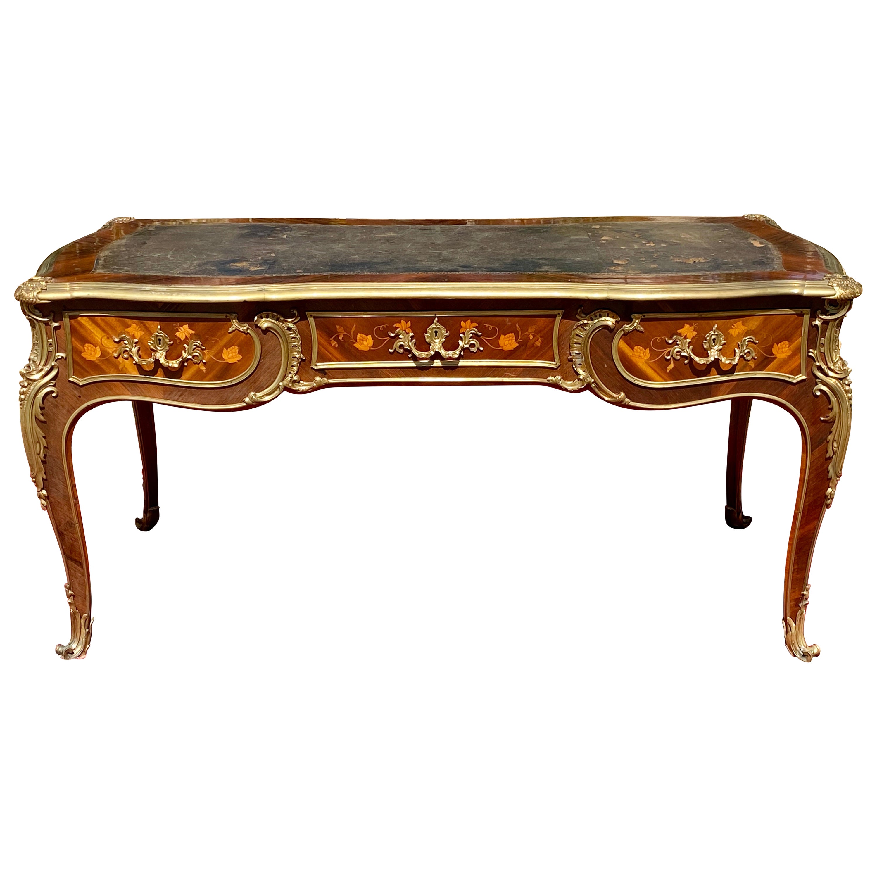 Gervais Durand, 19th Century Middle Desk in Marquetry & Bronze Style Louis XV For Sale