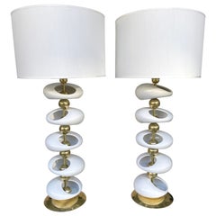 Contemporary Pair of Ceramic and Brass Sculpture TOTEM Lamps, Italy