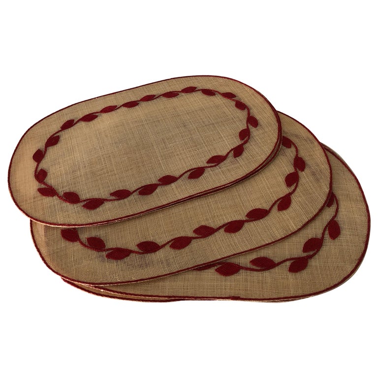 Set of '4' Read and Natural Woven Oval Placemats For Sale at 1stDibs