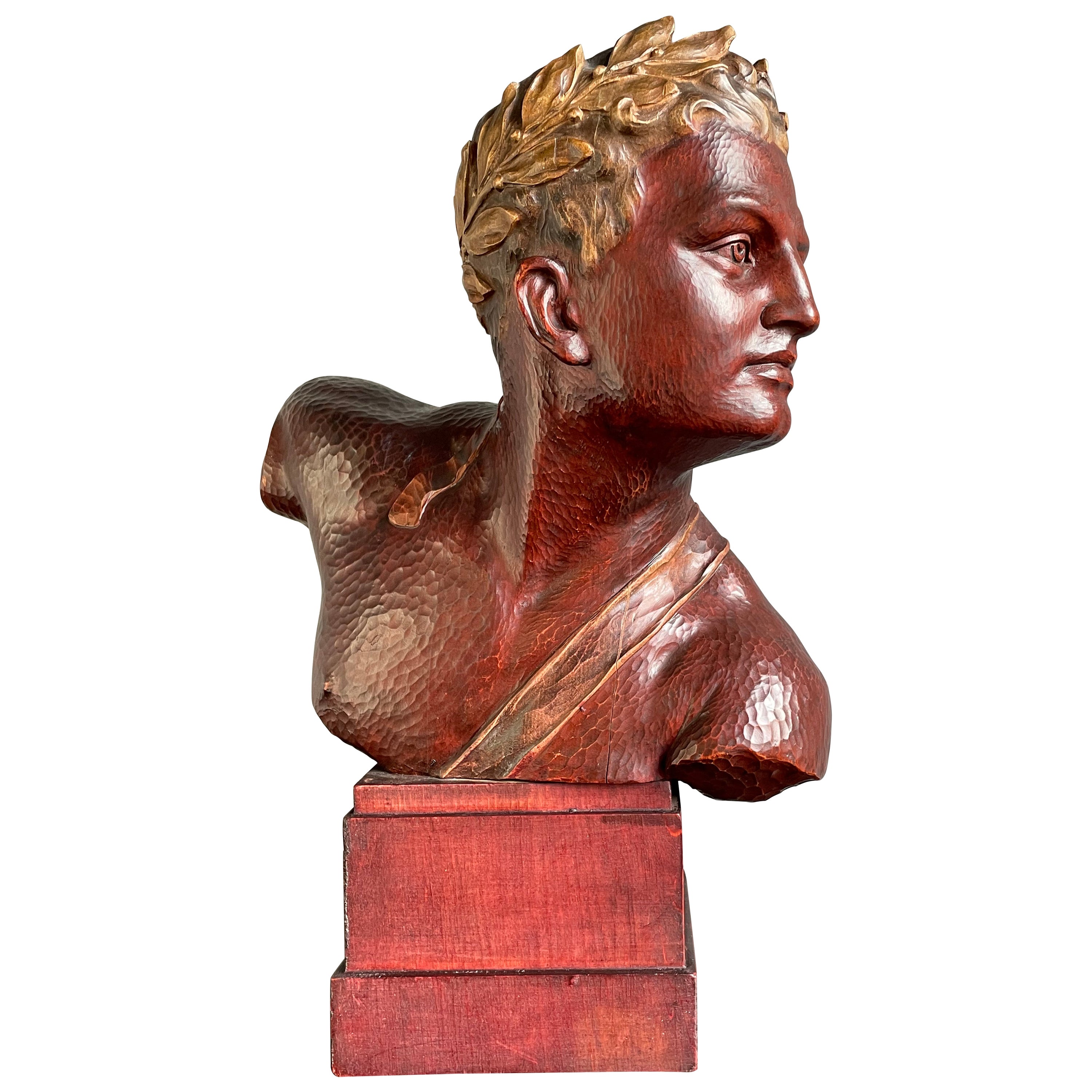 Superbe sculpture de buste d'un Olympian de l'époque Art déco, sculptée à la main Couronne de laurier