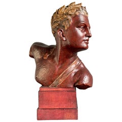 Stunning Hand Carved Art Deco Era Bust Sculpture of an Olympian w. Laurel Wreath