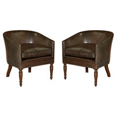 Pair of Sublime Hand Dyed Barrel Back Tub Armchairs in Brown Leather Comfortable