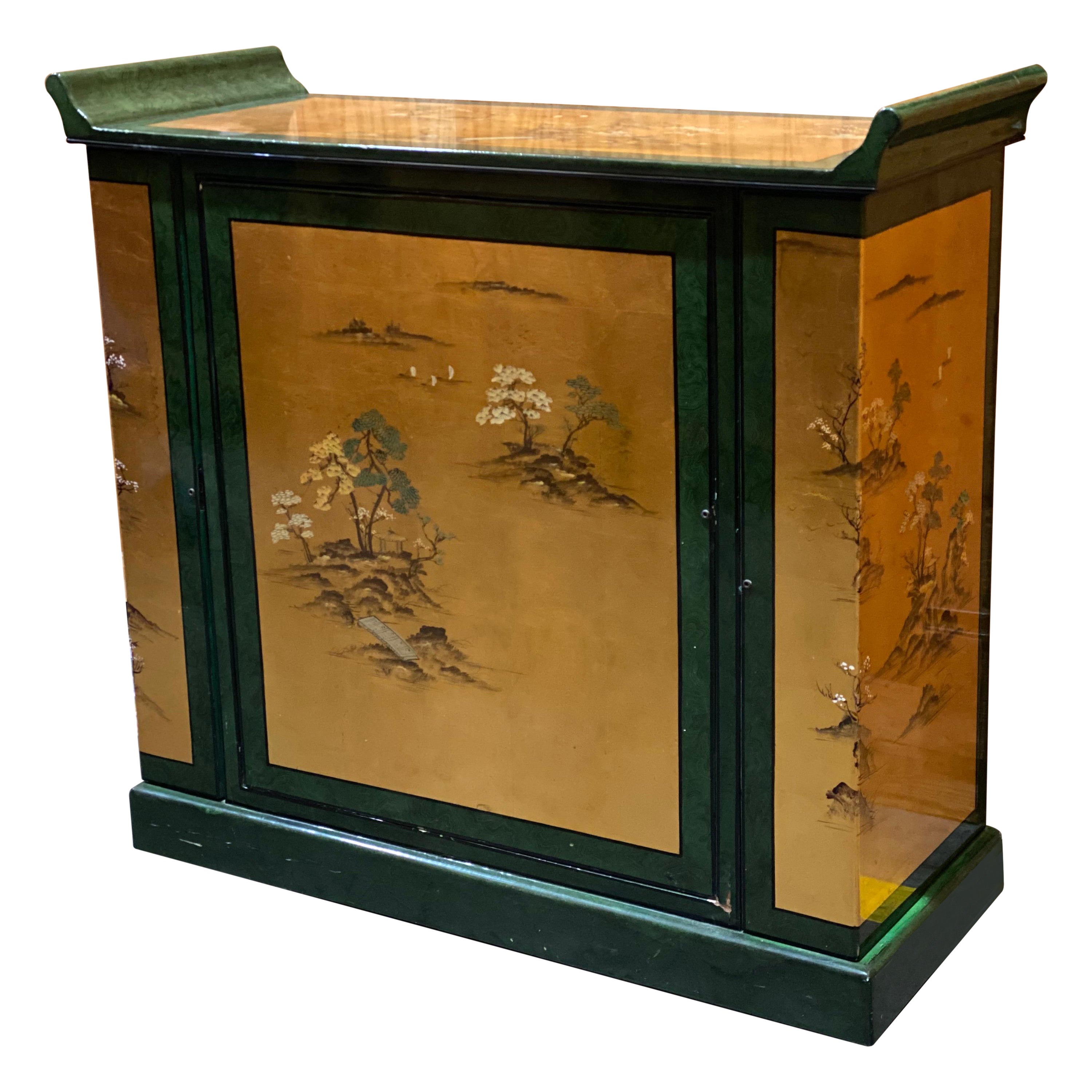 Japanese Malachite Green & Gilded Chinoiserie Faux Painted Bar Cabinet For Sale