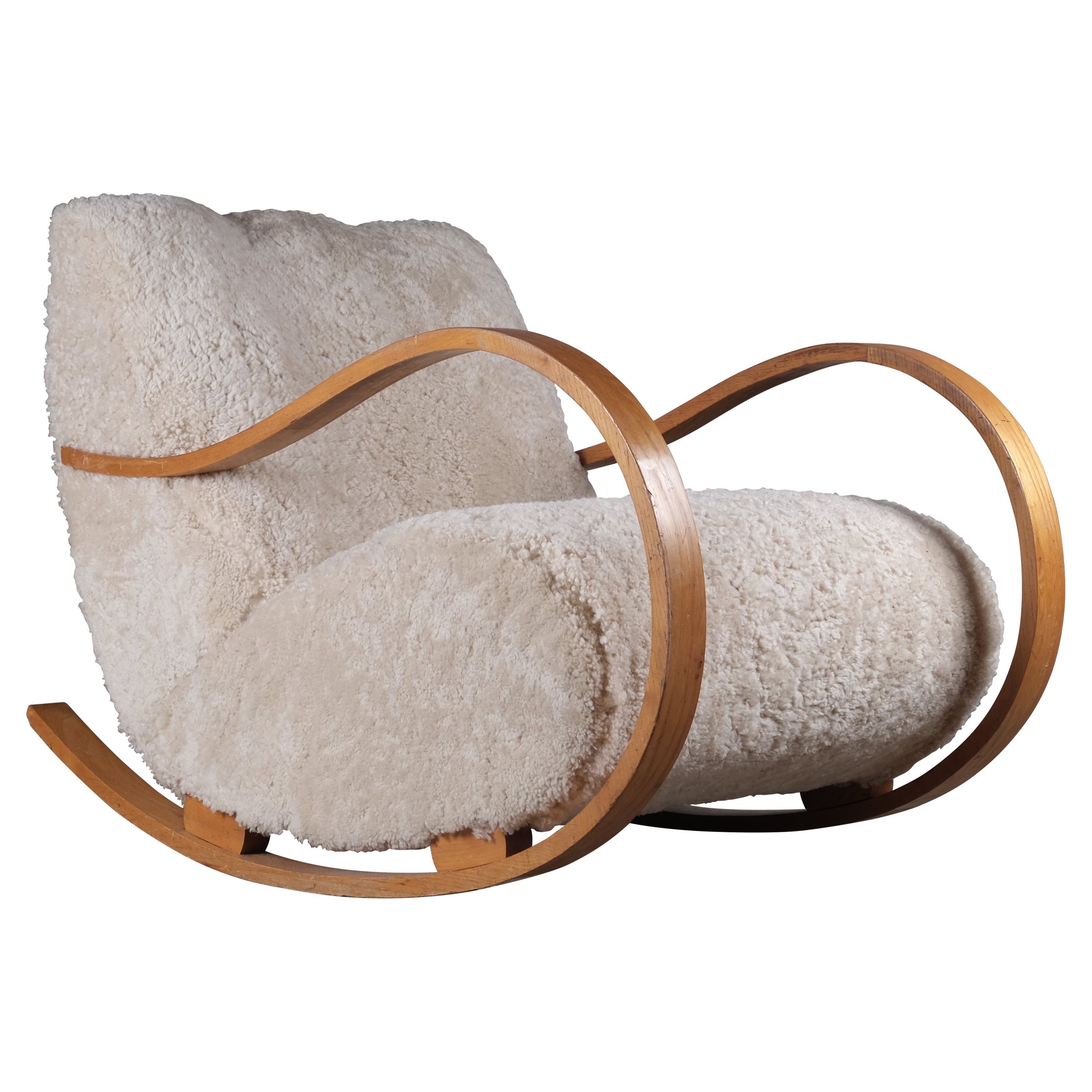 Swedish Rocking Chair in Sheepskin, 1940s For Sale