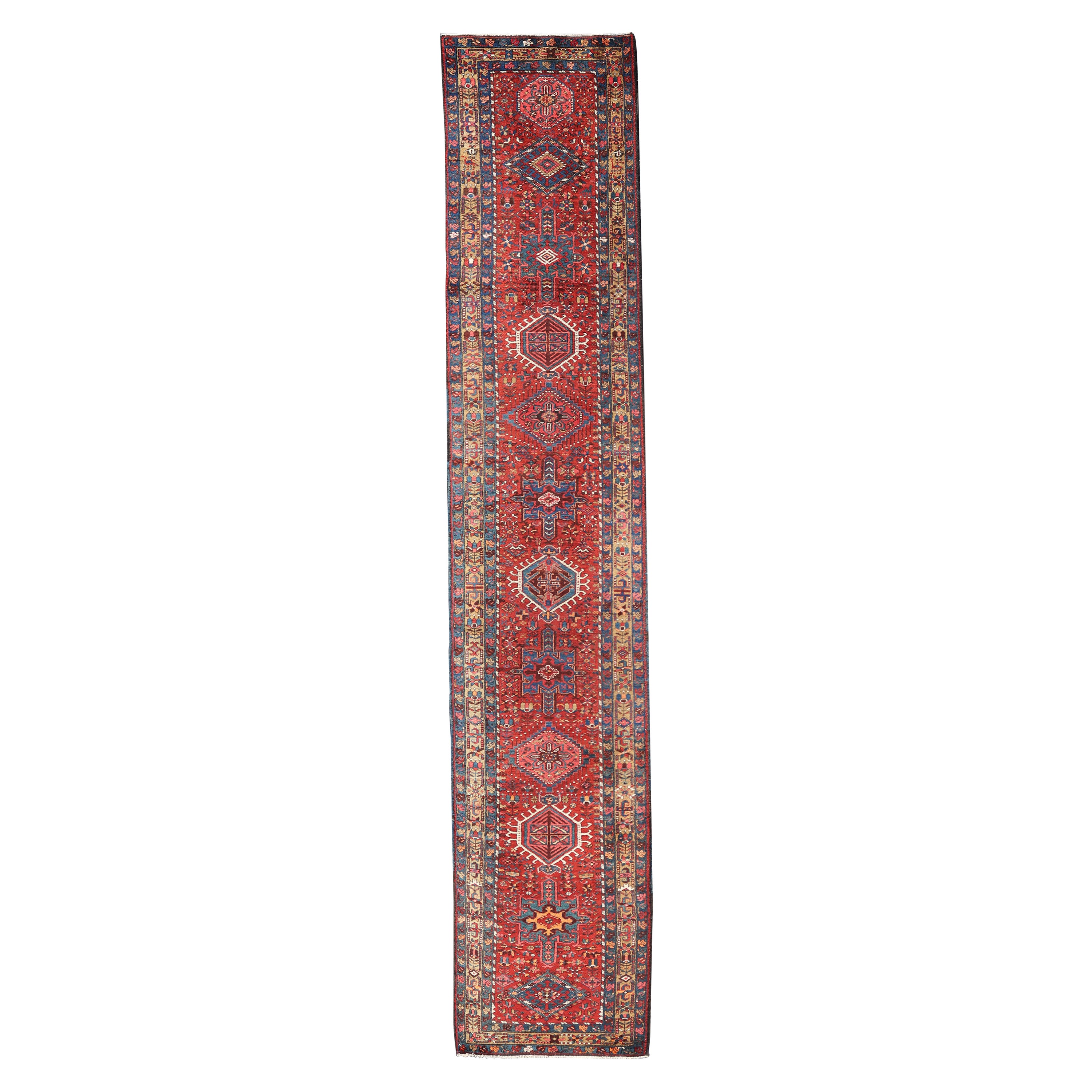 Antique Geometric Persian Long Heriz Runner in Red, Blue, Yellow, Teal, Orange For Sale