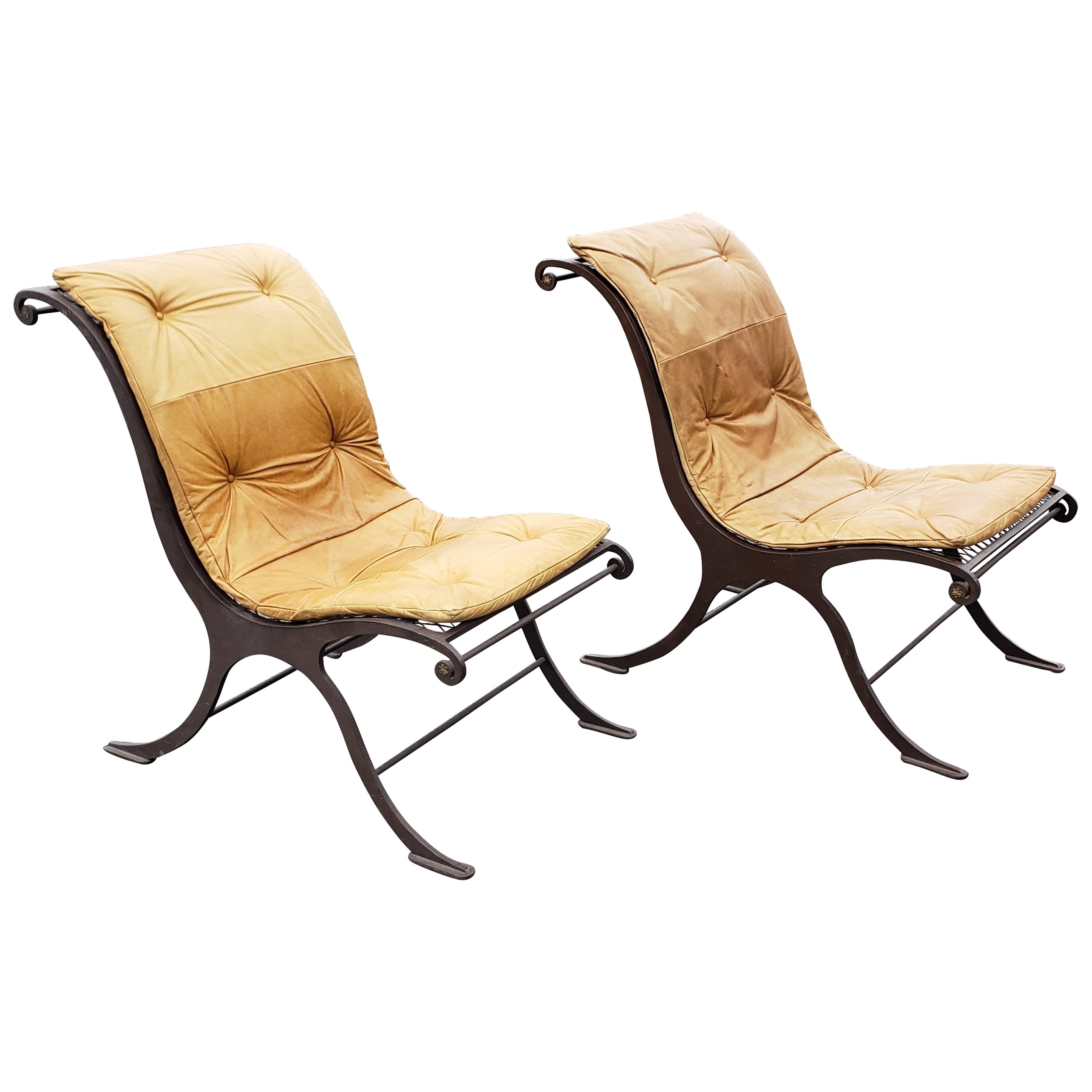 Pair of Custom Made Mid Century Iron and Leather Campeche Chairs For Sale