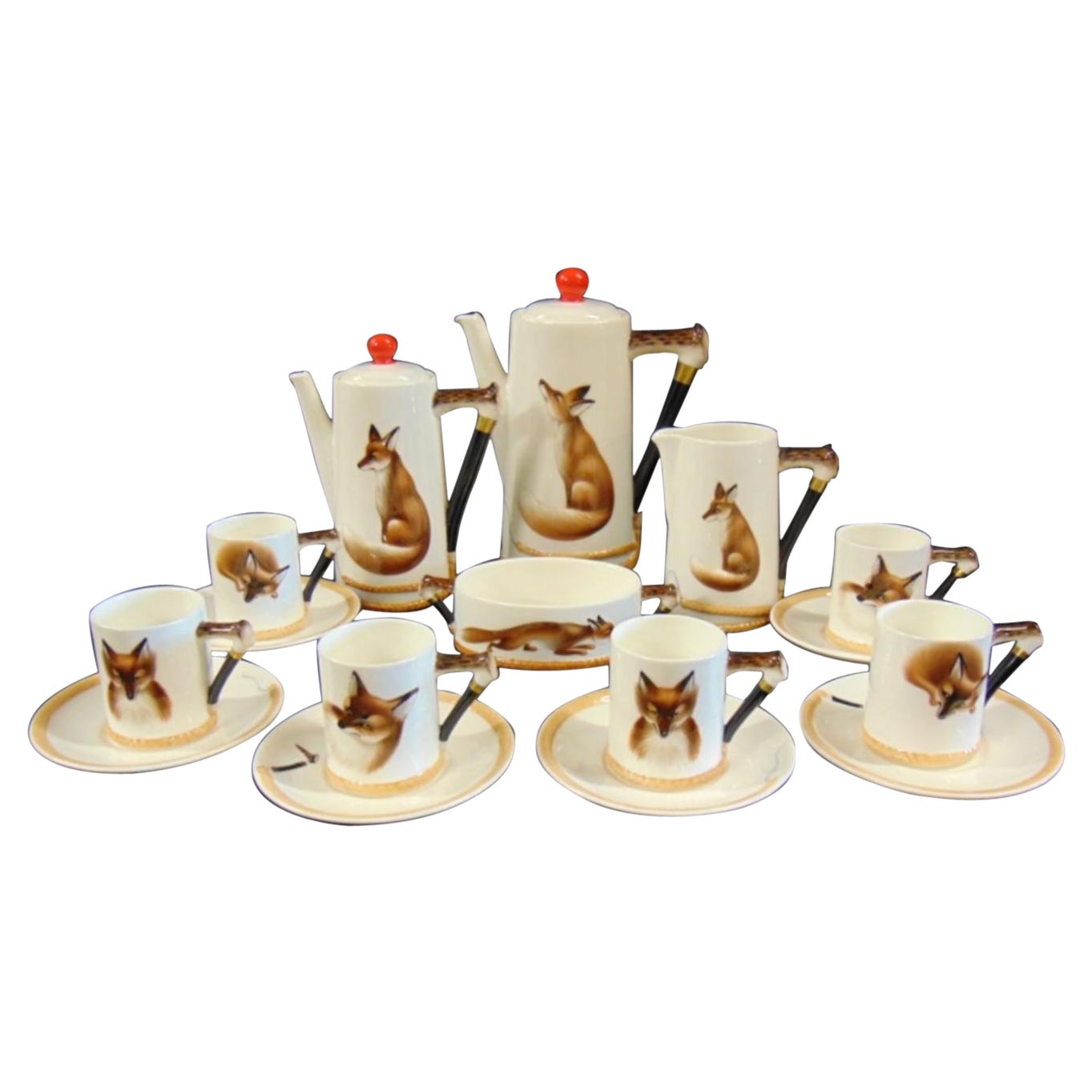 Royal Doulton Reynard Porcelain Coffee Service Set with Hand Painted Fox Motif