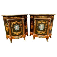 19th Century, Pair of Marquetry & Sèvres Porcelain Buffets Napoleon III Period