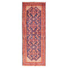 Tapis de couloir Malayer ancien avec motif Herati géométrique sur toute sa surface