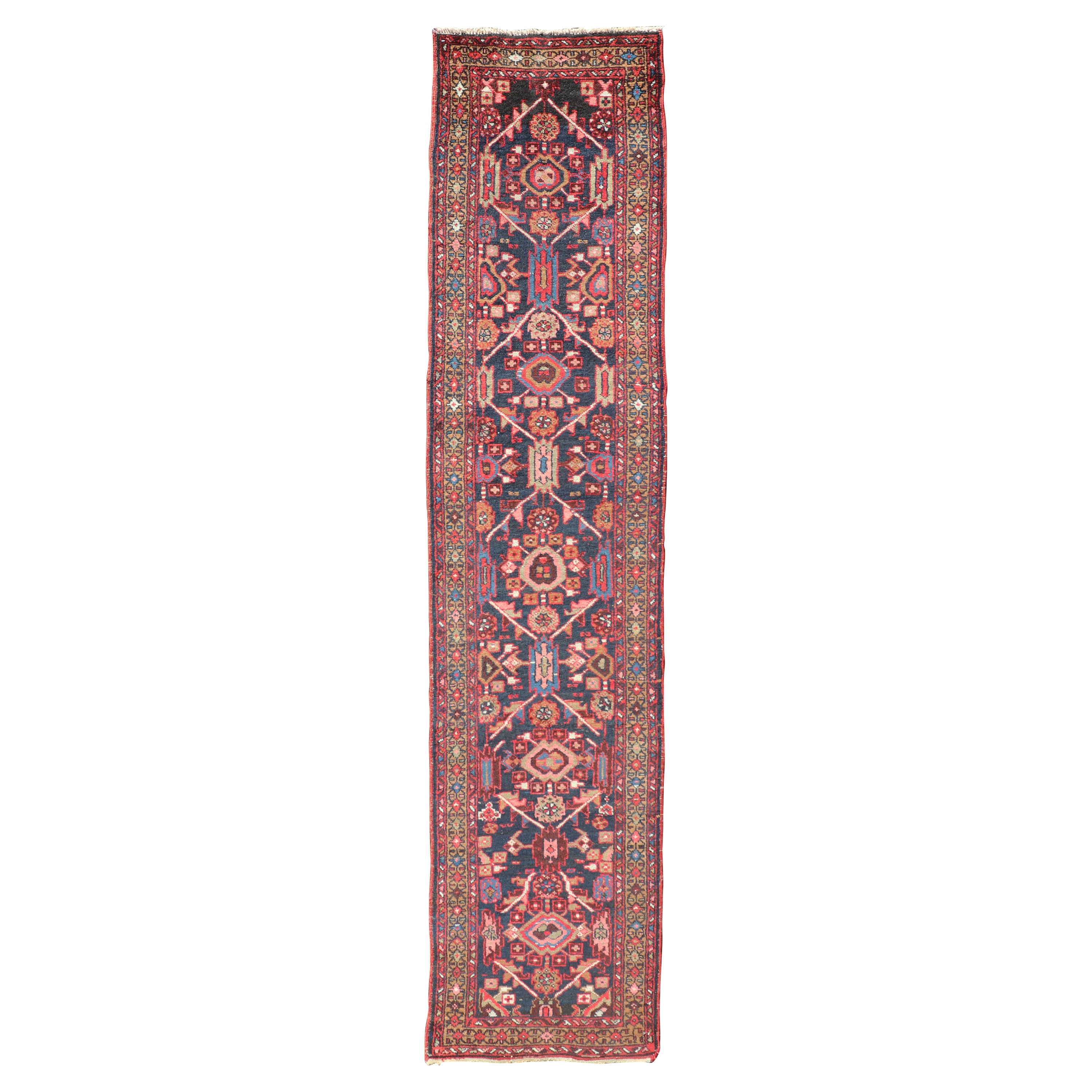 Vintage Persian Heriz Runner with Geometric-Tribal Medallions in Blue