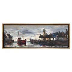 Vintage Original Oil Painting of Harbor Scene