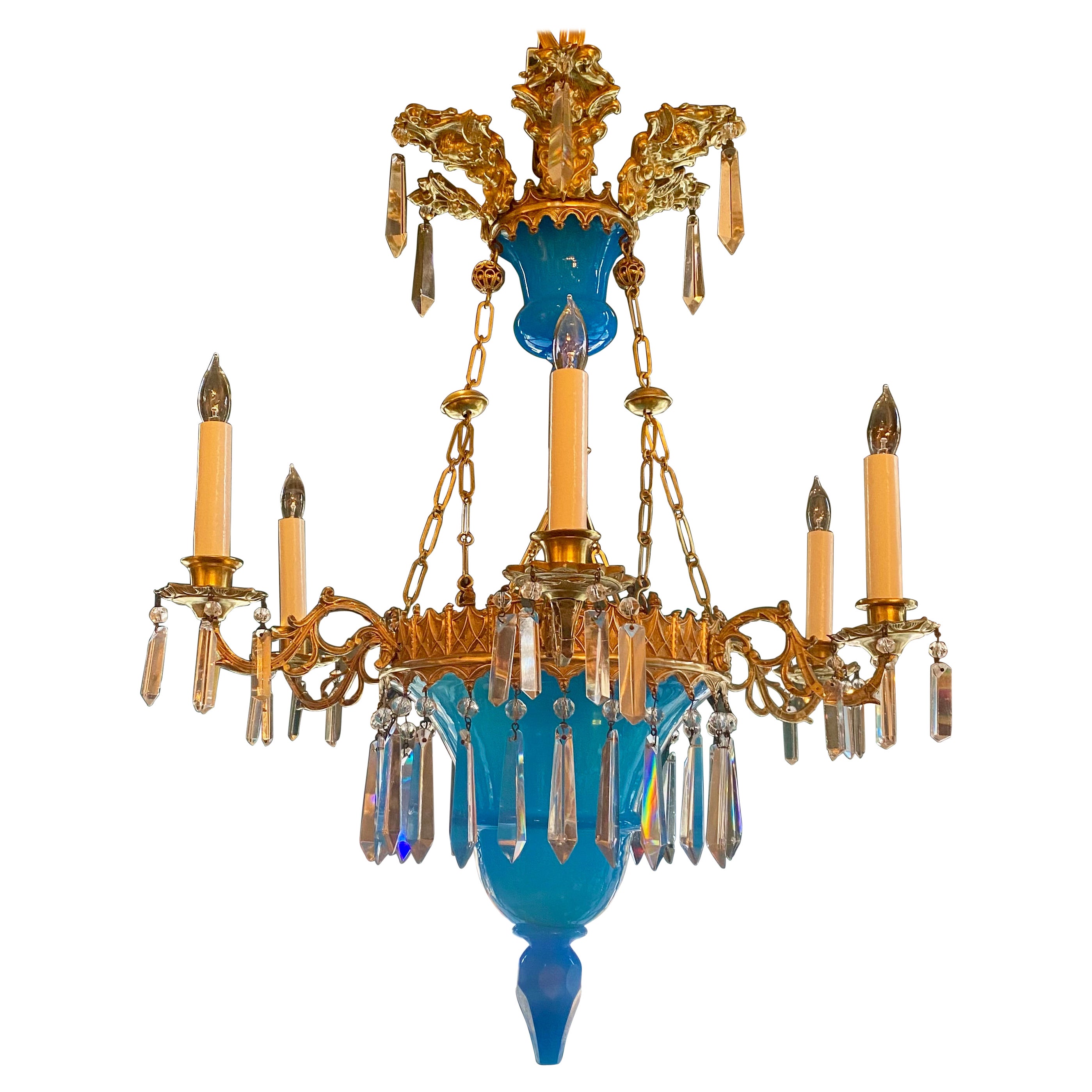 Antique Early 19th Century European Gilt Metal & Blue Opaline Glass Chandelier For Sale