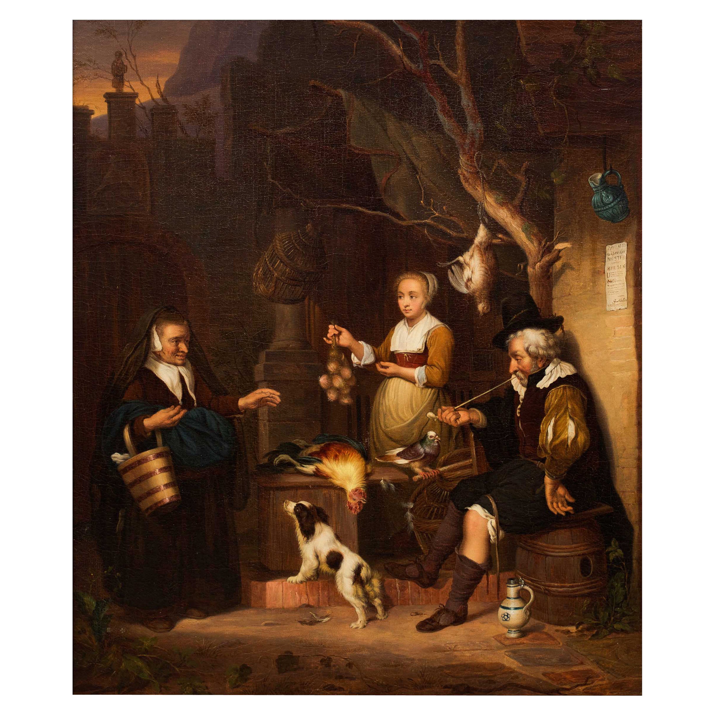 19th Century Antique Dutch Master Painting of Poultry Seller after Gabriel Metsu