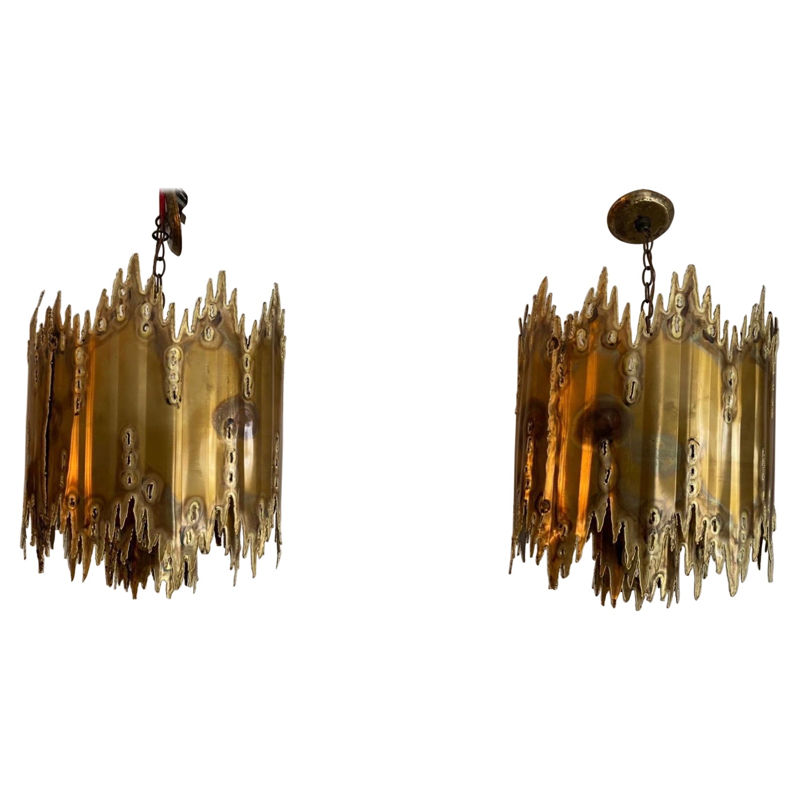 Pair of Tom Greene Brass Chandeliers by Feldman