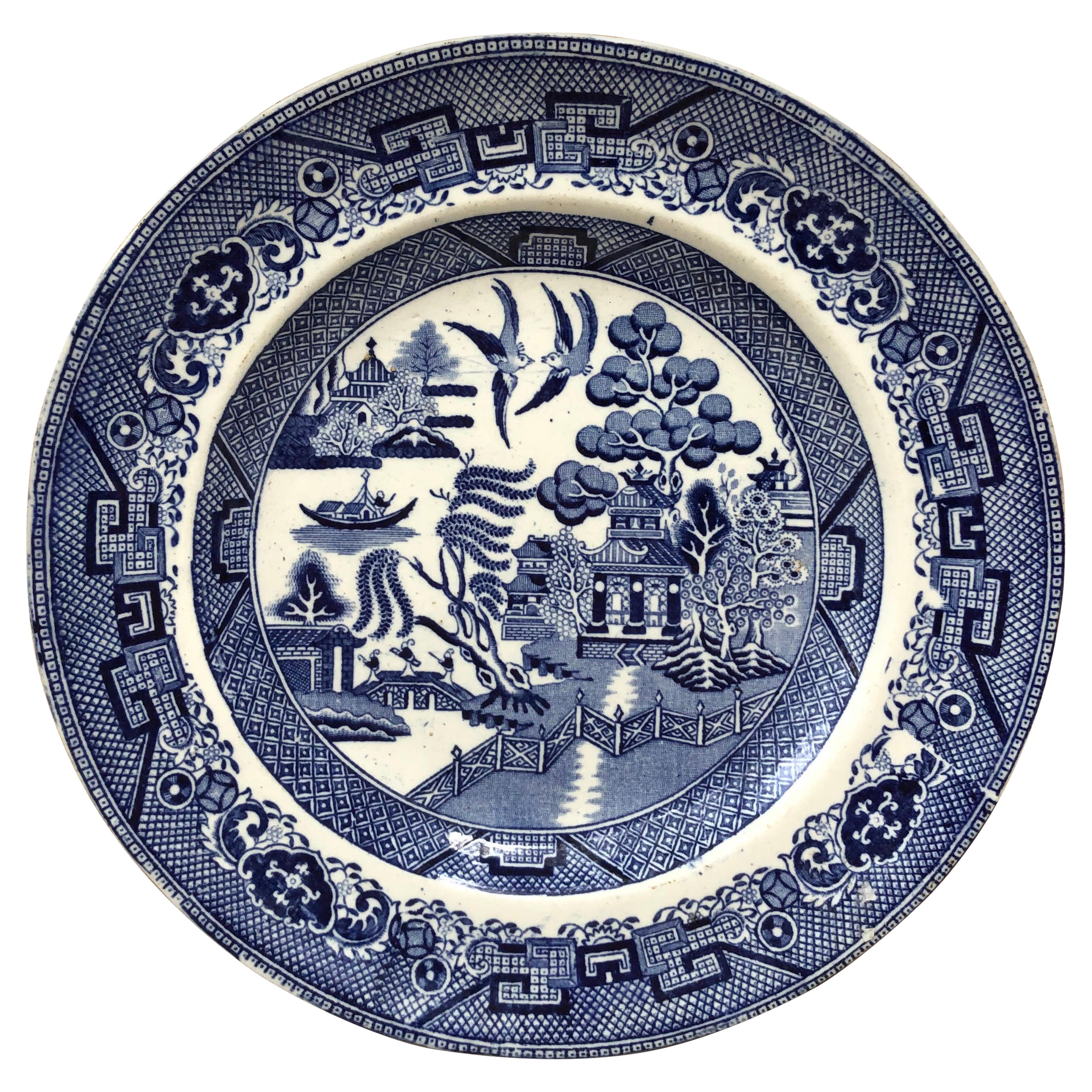 19th Century English Blue & White Pagoda Plate Staffordshire