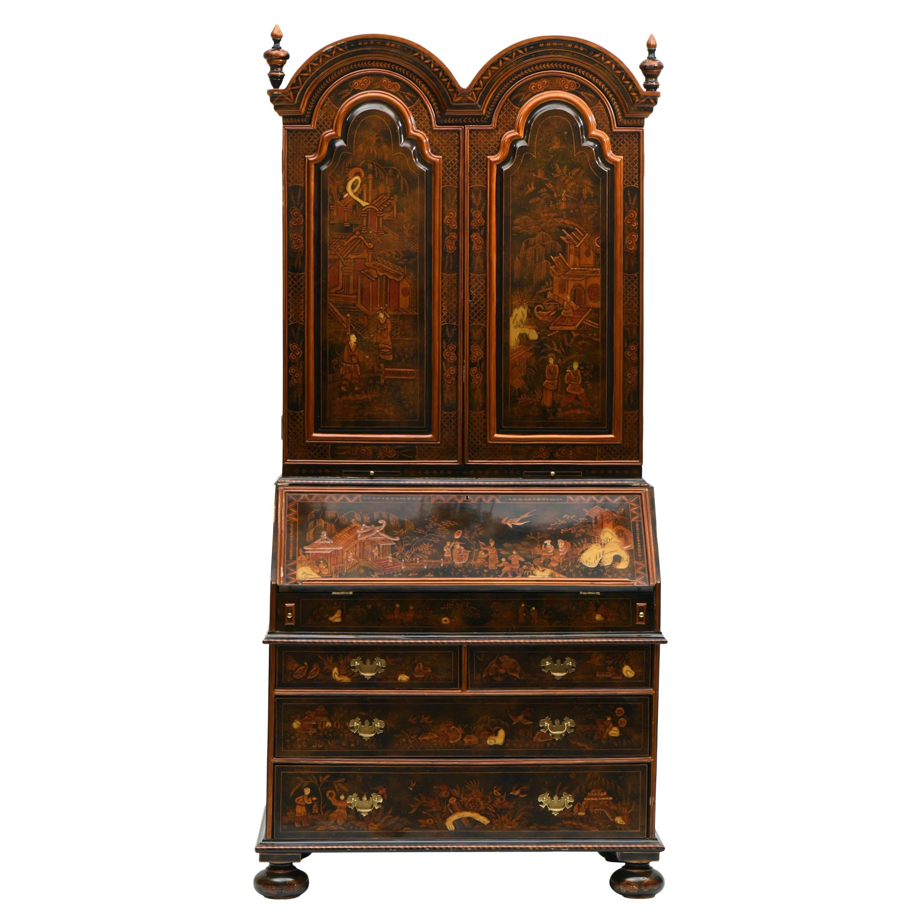 English George III Style Lacquered Chinoiserie Secretary Bookcase