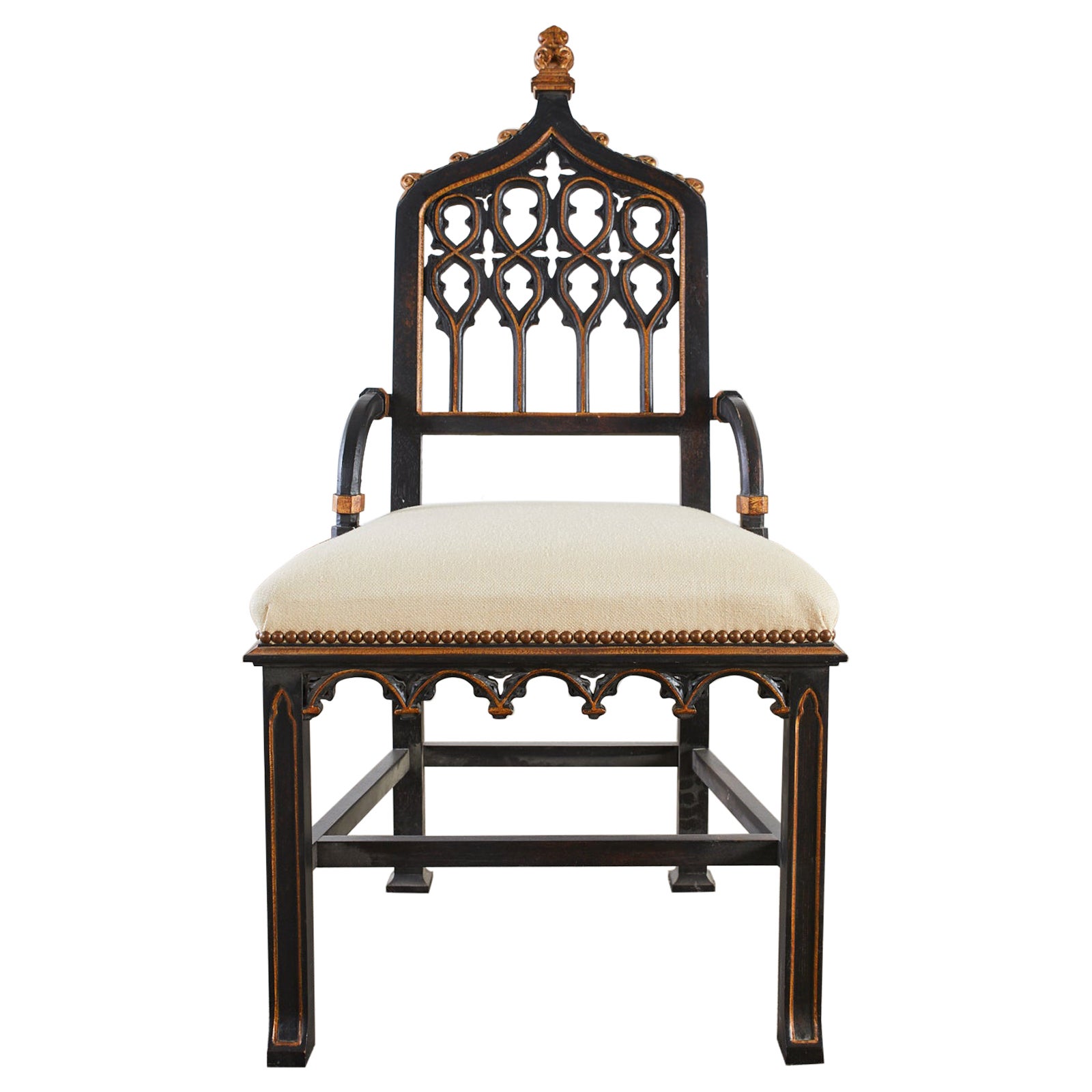 Gothic Revival Style Ebonized Parcel Gilt Hall Chair