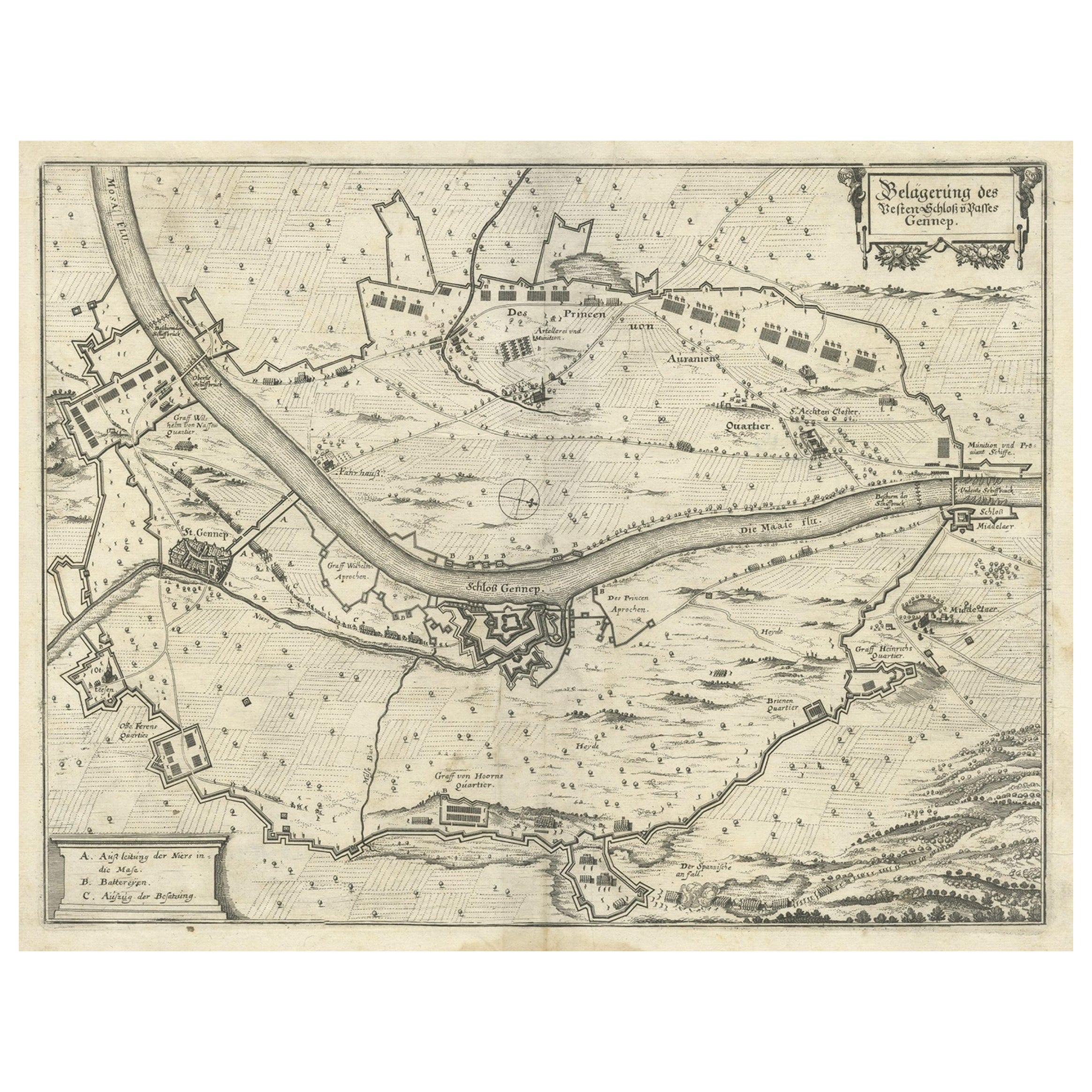 Carte ancienne de la Siege de Gennep, Pays-Bas, vers 1650