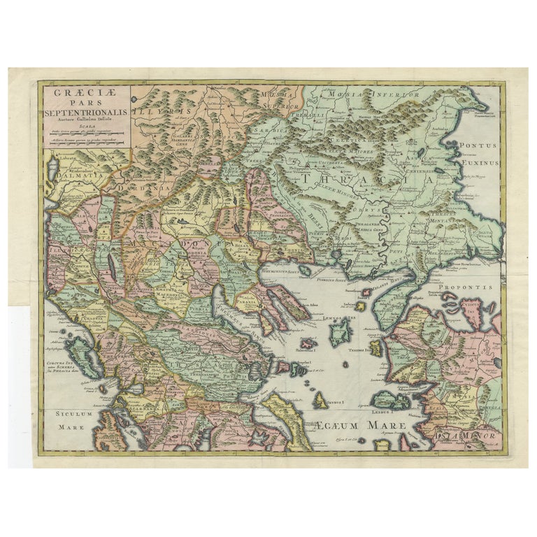 Antique Engraved Map of the Northern Part of Greece and the Aegean Sea, Ca.1730 For Sale