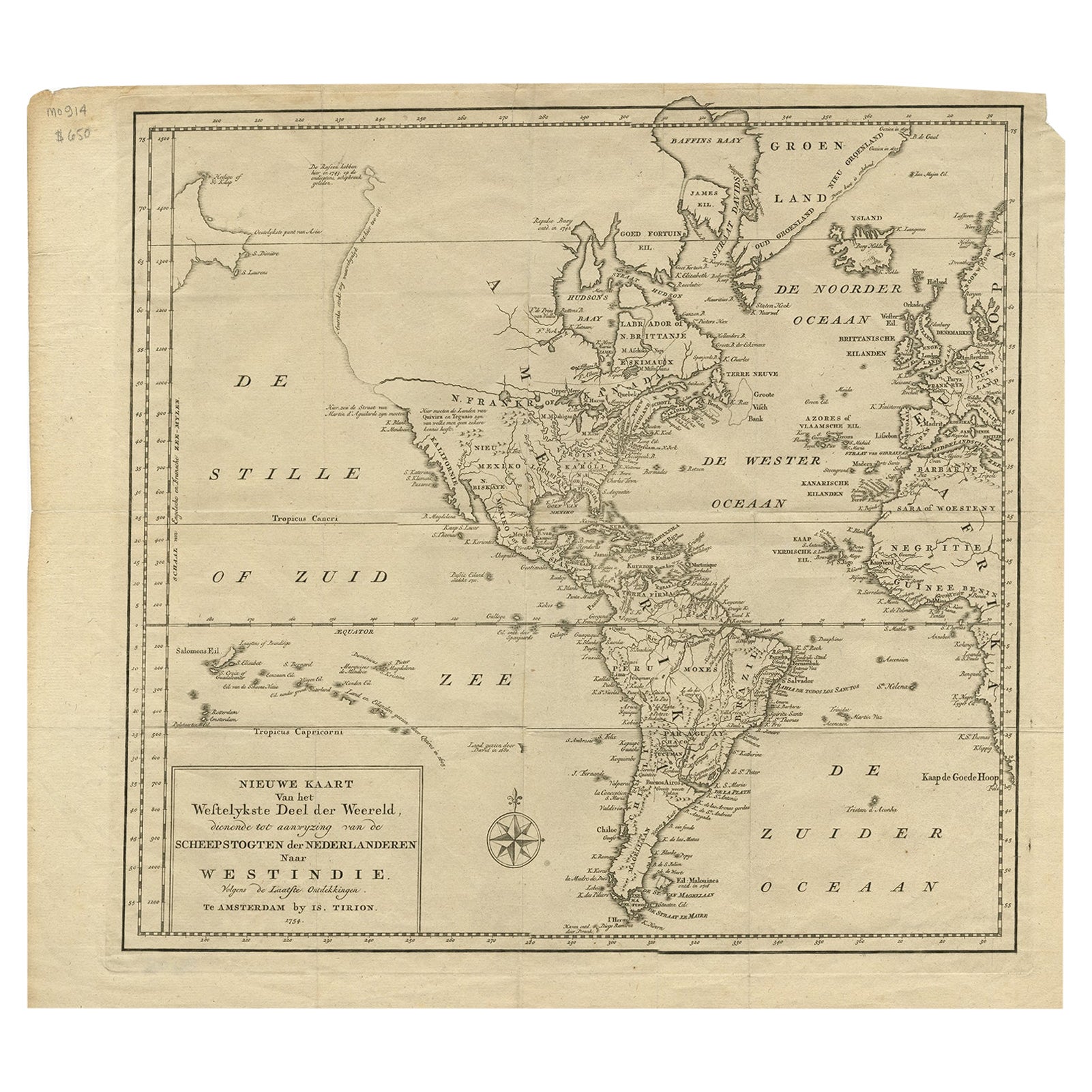 Excellente carte ancienne d'Amérique avec une inhabituelle côte nord-ouest de l'Amérique, vers 1754