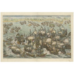 Old Engraving of a Dutch Attack on the Portuguese Near Bantam, Indonesia, c.1644