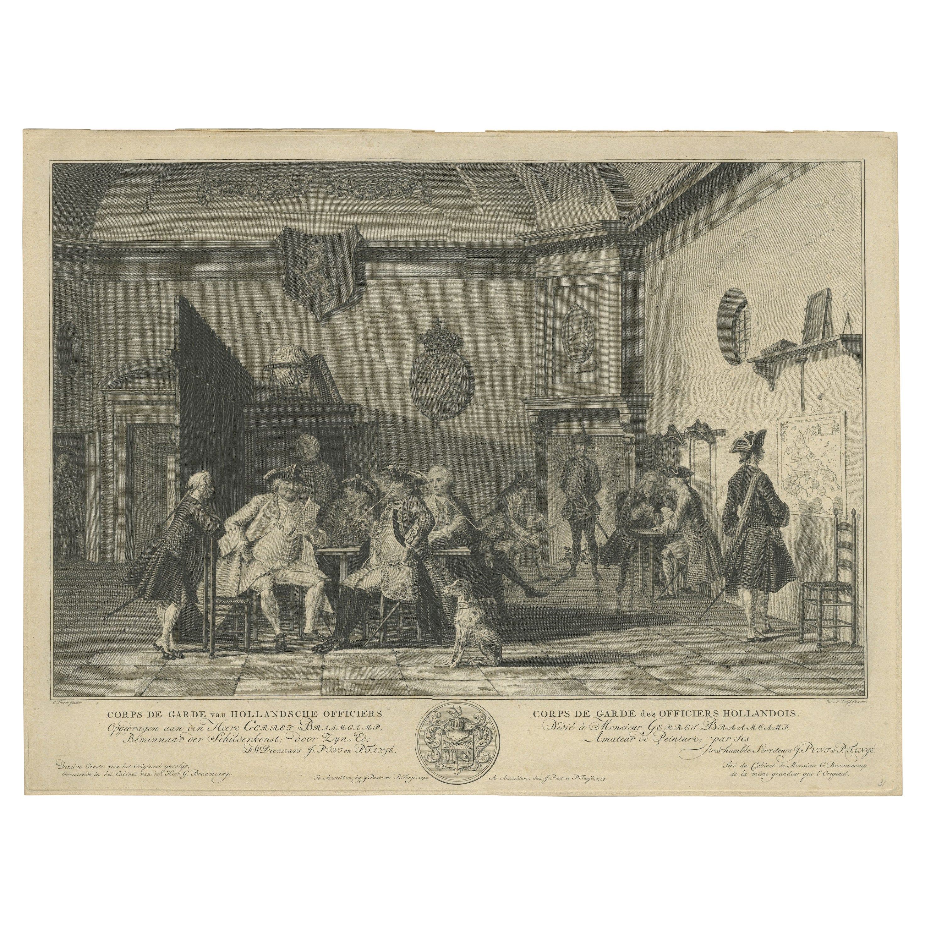 Fine Engraving Depicting an Officer's Mess in the Low Countries, 'Holland', 1754