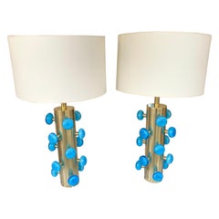 Contemporary Pair of Brass and Blue Murano Glass Spiral Lamps, Italy